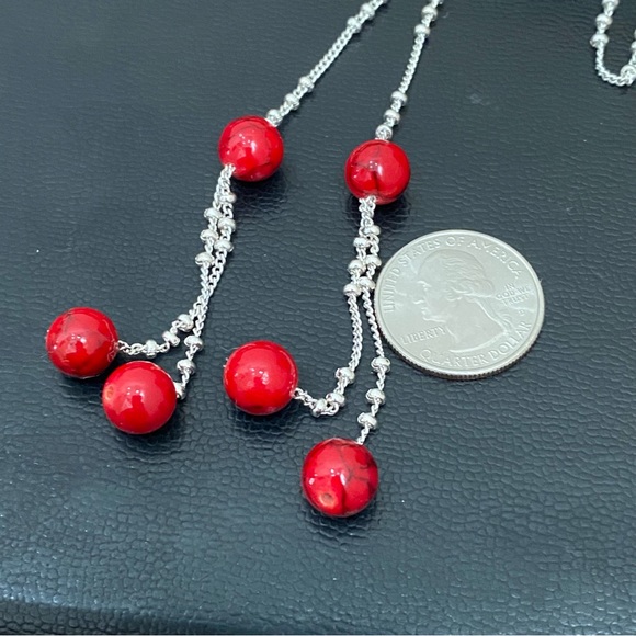 Silver-tone Chain with Red Beads Lariat 24-Inch Necklace 14.2g - Picture 4 of 14